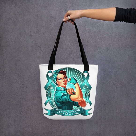 NWT - Kicking Cancer 1 Day At Time 15 x 15 Cancer Tote Bag - Ovarian Cancer - Picture 3 of 7